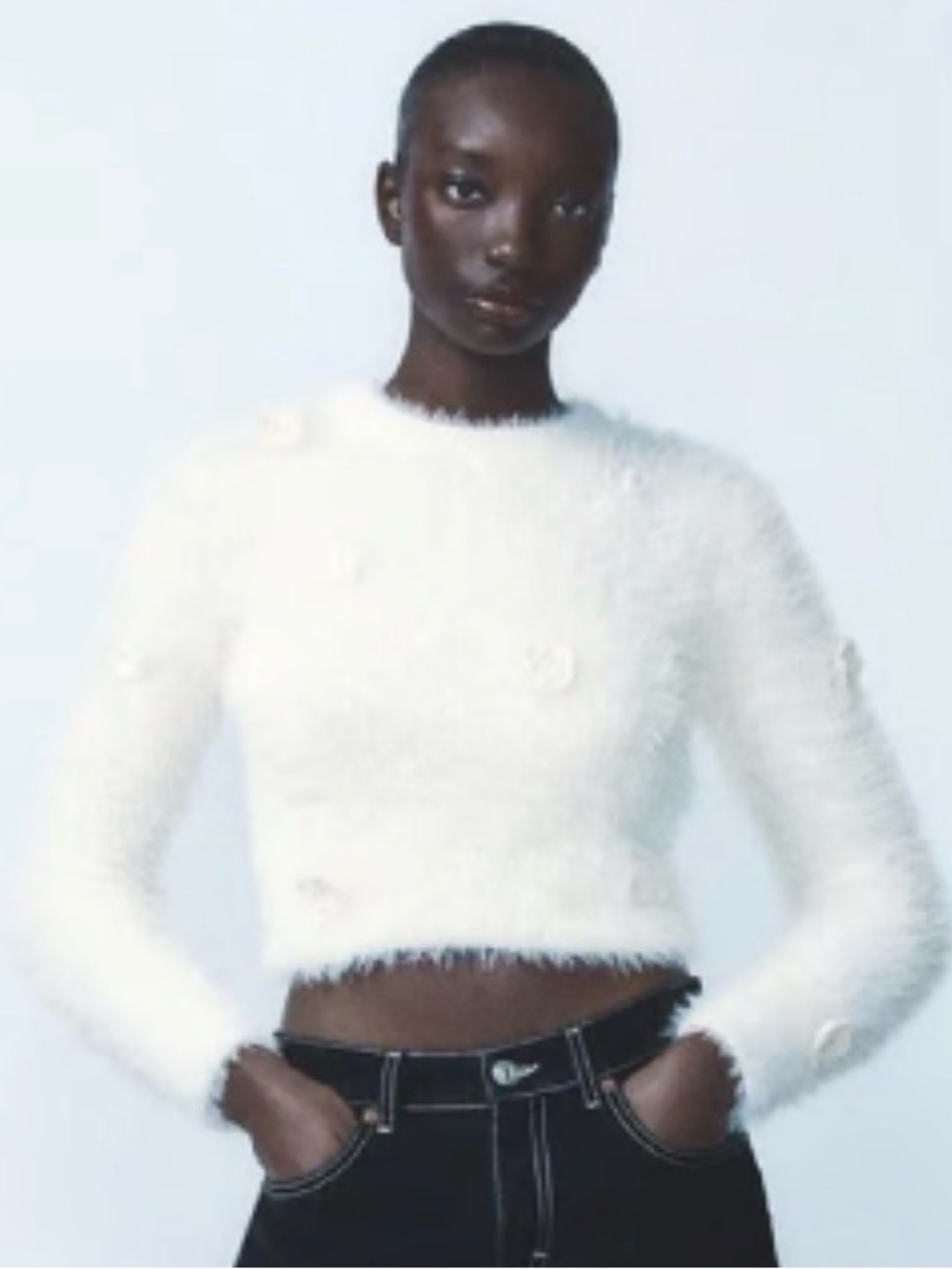 Zara Woman Crochet Flowers FAUX FUR FLORAL SWEATER Size Medium